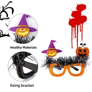 Occhiali di zucca di Halloween con glitter e piume per travestimenti e feste in maschera
