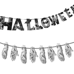 Set di striscioni Halloween con scritte invecchiate e mani insanguinate per feste horror