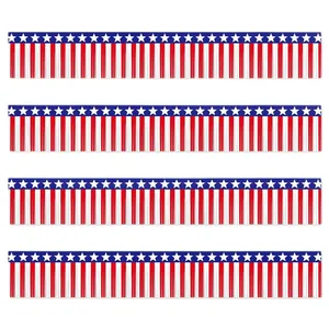 Set of 4 Fourth of July patriotic fringe curtains with stars and red white blue stripes