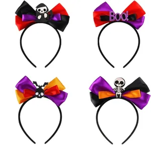 Halloween headband set with satin bows, skeletons, and sequins for party hair decoration