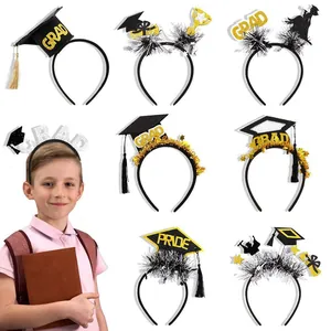 Graduation Season Headband Doctoral Cap With Tassel Glitter GRAD PRIDE Letter Hair Hoop Graduation Ceremony Party Photo Props Decorations