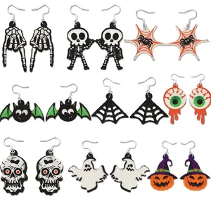 Halloween Dangle Earrings Glitter Skull Skeleton Spider Web Bat Eyeball Ghost Pumpkin Witch Hat Gothic Party Earrings