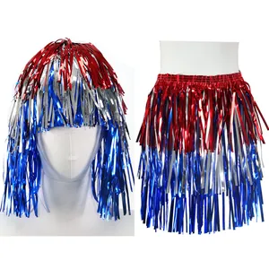Ensemble de fête patriotique avec perruque à franges rouge argent bleu et jupe assortie