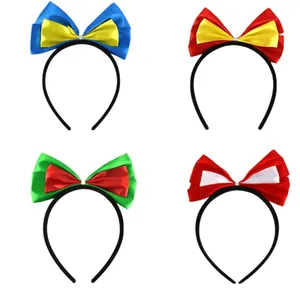 Set of four satin bow headbands in bicolor designs for party fans and festive hair decoration