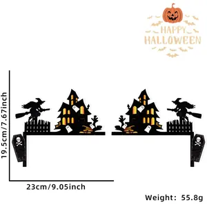 Détail décor de cadre de porte Halloween en bois avec sorcière, château et fantômes