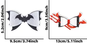 Dimensioni dettagliate per fermagli per capelli Halloween con fiocchi glitterati