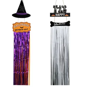 Halloween hanging fringe curtains with witch hat and skull signs for party decor