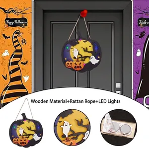 Cartello in legno LED per Halloween con zucca fantasma e pipistrello da appendere
