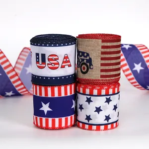 Patriotic Independence Day Wired Edge Ribbon Burlap Polyester Stars Stripes USA Map Truck Pattern For Festive Party Home Decor DIY