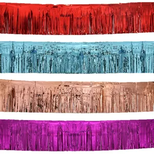 Colorful metallic foil fringe curtains in red, light blue, rose gold, and magenta for parties