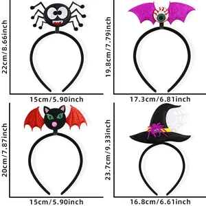 Detailed size chart for Halloween headbands featuring spider, bat, cat, and witch hat designs