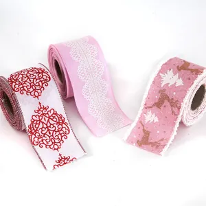 2m Christmas Wired Edge Ribbon Pink White Faux Linen Glitter Reindeer Lace Floral Ribbon For Xmas Tree Decor DIY Craft