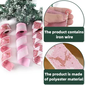 Pink Christmas wired ribbons with gold reindeer and lace patterns for tree decoration