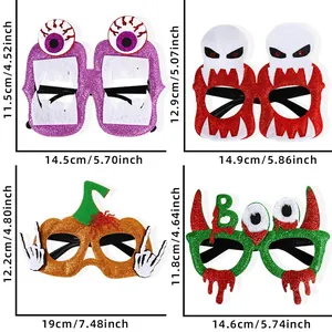 Set of 4 Halloween glasses featuring pumpkin, skull, and monster designs with dimensions