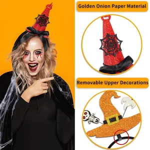 Halloween witch hat headband set with glitter finish and removable festive decorations