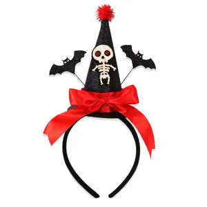 Halloween witch hat headband with black glitter, red bow, skull and bat decorations