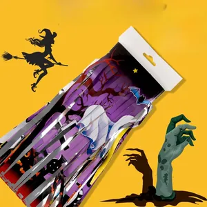 Halloween purple foil fringe curtain featuring white ghosts and bats for party decoration