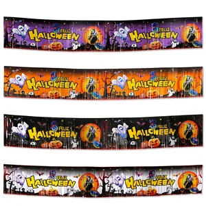 Detail of Feliz Halloween fringe banners in purple, orange, black, and white party colors