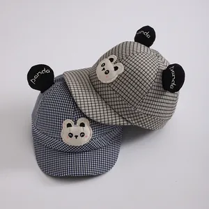 Kids plaid baseball caps with panda embroidery and 3D ears in blue and khaki patterns