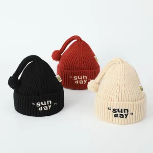 Bonnet en Tricot d'Hiver pour Enfants Avec Broderie de Lettres Sun Day Bonnet Pointu Mignon Avec Pompon pour Tout-petits Garçons Filles Chaud