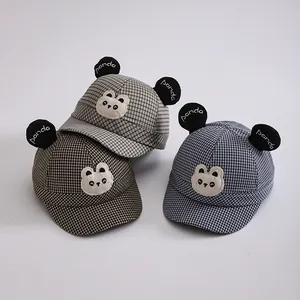Kids plaid baseball cap with 3D panda ears and embroidery in multiple colors