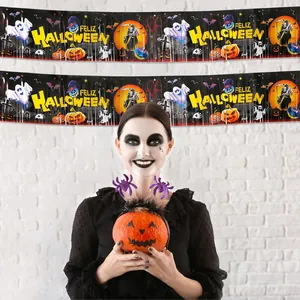 Spanish Feliz Halloween Fringe Banner Foil Curtain PET Spooky Ghost Pumpkin Print Party Backdrop Banner Decoration