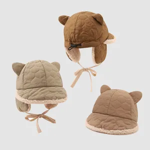 Kids Winter Warm Earflap Hat With Faux Lambswool Lining Quilted Heart Pattern Cute Bear Ears Trapper Hat For Boys Girls Toddler