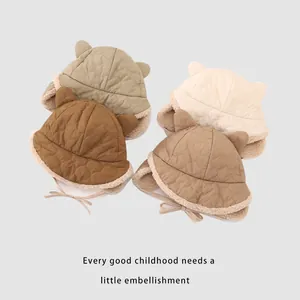 Quilted baby winter hats with bear ears and warm fleece lining in four soft colors