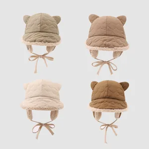 Winter children plush trapper hats with earflaps and cute bear ears in four colors