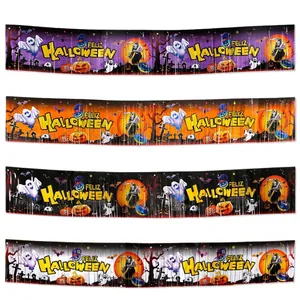 Spanish Halloween tinsel curtain set with Feliz Halloween banners and ghost pumpkin icons