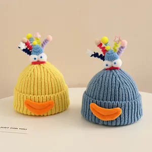Cute cartoon snowman knitted beanies for kids in bright yellow and grey blue colors