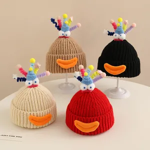 Kids Cartoon Monster Knitted Hat With 3D Eyes Plush Mouth Colorful Spiral Antenna Warm Winter Beanie For Boys Girls