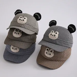 Kids Cartoon Panda Plaid Baseball Cap With Cute Ears Cotton Blend Adjustable Peaked Hat For Boys Girls Toddler Outdoor