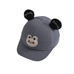 Kids baseball cap with panda ears and blue houndstooth pattern for toddlers
