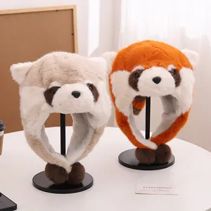Winter cartoon raccoon earflap hat for kids with plush lining and fluffy pom-poms