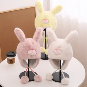 Kids Winter Plush Rabbit Ear Earflap Hat Cute Cartoon Faux Fur Warm Windproof Trapper Hat For Boys Girls Toddlers