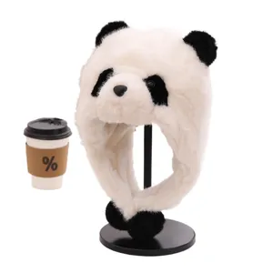 Bonnet panda en peluche pour enfants avec doublure polaire coupe-vent et pompons doux