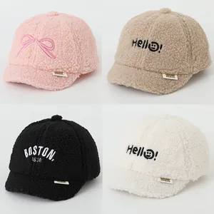Kids Winter Sherpa Fleece Baseball Cap Warm Plush Hat With Bow Smile Face Boston Embroidery For Toddlers Boys Girls