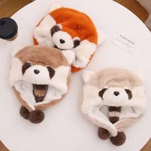 Winter raccoon plush trapper hat for kids with earflaps and pom-poms in three colors