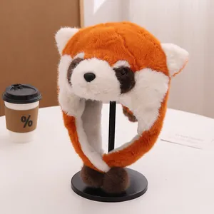 Cute red panda plush earflap hat for kids with soft orange faux fur and pom-poms