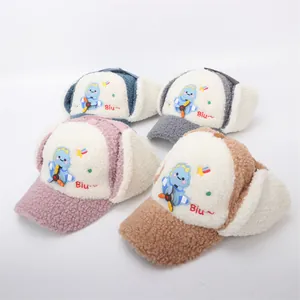 Kids sherpa aviator hats with cartoon dinosaur ears in four colors for winter warmth
