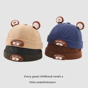 Kids corduroy docker hats with cute bear ears and embroidery in four vintage colors
