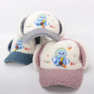 Kids winter earflap trapper hat with cartoon dinosaur and plush sherpa fleece material