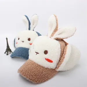 Gorros de invierno para niños con orejas de conejo en felpa azul y marrón