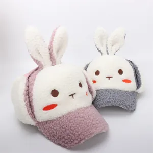 Gorro de invierno de felpa para niños con orejas de conejo en forro polar rosa y gris