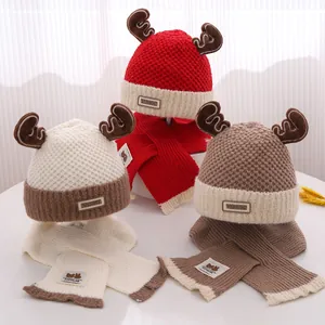 Baby Winter Gebreide Rendier Muts En Sjaal Hoed Voor Peuters Kinderen Cartoon Kerst Gewei Warme Fleece Beanie Accessoire