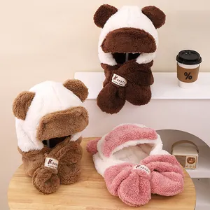 Ensemble Écharpe à Capuche en Peluche d'Hiver pour Enfants Oreilles d'Ours Dessin Animé Épais Chaud Coupe-vent Chapka Garçons Filles