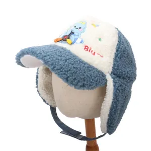 Kids winter trapper hat with cartoon dinosaur embroidery and warm ear flaps