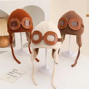 Kinder Winter Fliegermütze Warm Gestrickte Ohrenklappenmütze Mit Fliegerbrille Plüschfutter Für Jungen Mädchen Winddichte Thermokappe