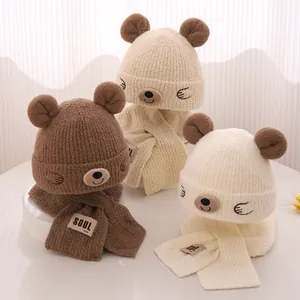 Bonnet Et Écharpe En Tricot D'Hiver Pour Enfants Mignonnes Oreilles D'Ours Chaud En Acrylique Doublé De Polaire Bonnet Cache-Cou Pour Garçons Filles